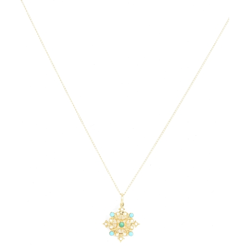 231 - A Victorian turquoise and pearl 18ct yellow gold pendant and gold plated necklace, the pendant havin... 