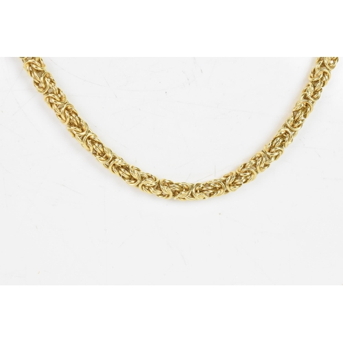 235 - An Italian 9ct yellow gold byzantine chain link necklace, having an O-ring clasp, stamped 375, 59cm,... 