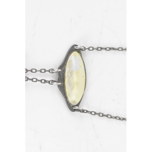 248 - An Arts & Crafts mother of pearl necklace white metal necklace, the pendant with three pearl cabocho... 