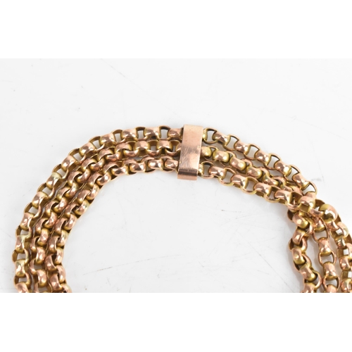 25 - A Victorian rose gold bracelet, having a box clasp with three stands of belcher chain links, unmarke... 