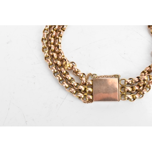 25 - A Victorian rose gold bracelet, having a box clasp with three stands of belcher chain links, unmarke... 