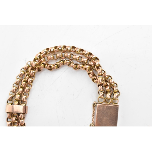 25 - A Victorian rose gold bracelet, having a box clasp with three stands of belcher chain links, unmarke... 