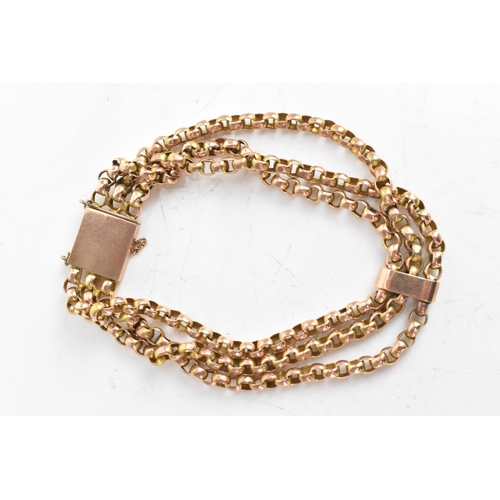 25 - A Victorian rose gold bracelet, having a box clasp with three stands of belcher chain links, unmarke... 