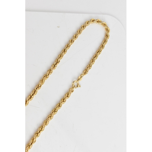 27 - A 9ct yellow gold rope twist necklace having a bolt ring clasp, 71cm, 18.7 grams
If there is no cond... 