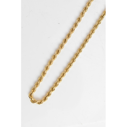 27 - A 9ct yellow gold rope twist necklace having a bolt ring clasp, 71cm, 18.7 grams
If there is no cond... 