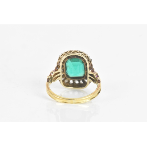 54 - A 19th century green stone and diamond cluster yellow and white metal ring, the central stone 9.4mm ... 