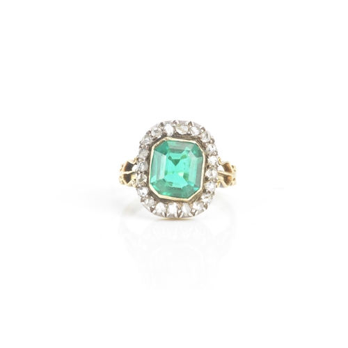 54 - A 19th century green stone and diamond cluster yellow and white metal ring, the central stone 9.4mm ... 