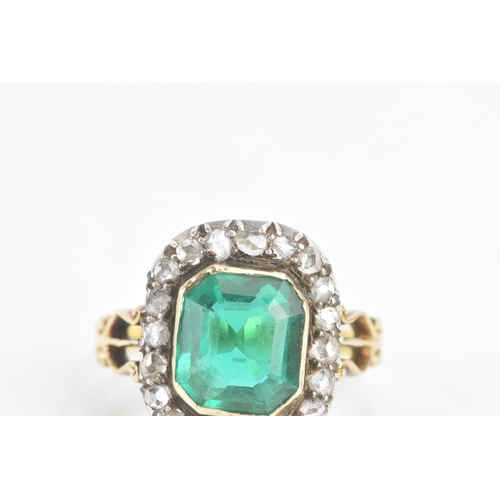 54 - A 19th century green stone and diamond cluster yellow and white metal ring, the central stone 9.4mm ... 