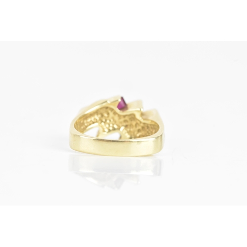 60 - A diamond, sapphire and ruby 14ct yellow gold dress ring, having four channel set central brilliant ... 