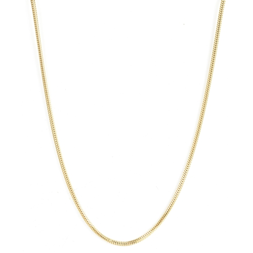 63 - A 9ct yellow gold snake chain link necklace, having a lobster clasp, stamped 375, 46cm, 9.4 grams
If... 