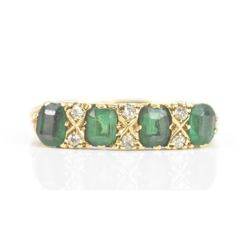 76 - A Victorian emerald and diamond 18ct yellow gold ring, each emerald approximately 3.8mm x 3.1mm, wit... 