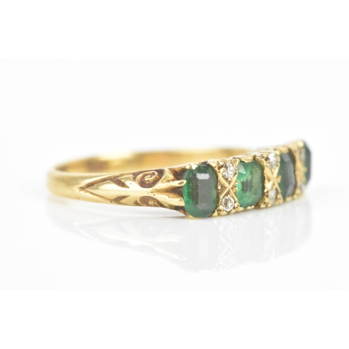 76 - A Victorian emerald and diamond 18ct yellow gold ring, each emerald approximately 3.8mm x 3.1mm, wit... 