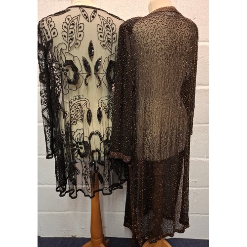 35 - Frank Usher- A Frank Usher 1980's sheer black sequin and bead evening over garment size XL having pa... 