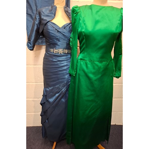 36 - Three late 20th Century evening gown comprising a Rina di Montella teal satin full length gown with ... 