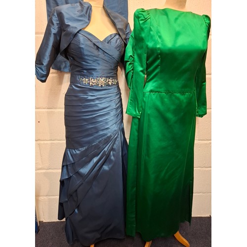 36 - Three late 20th Century evening gown comprising a Rina di Montella teal satin full length gown with ... 