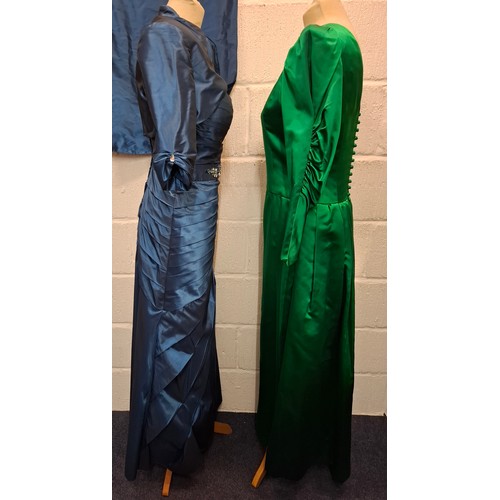 36 - Three late 20th Century evening gown comprising a Rina di Montella teal satin full length gown with ... 