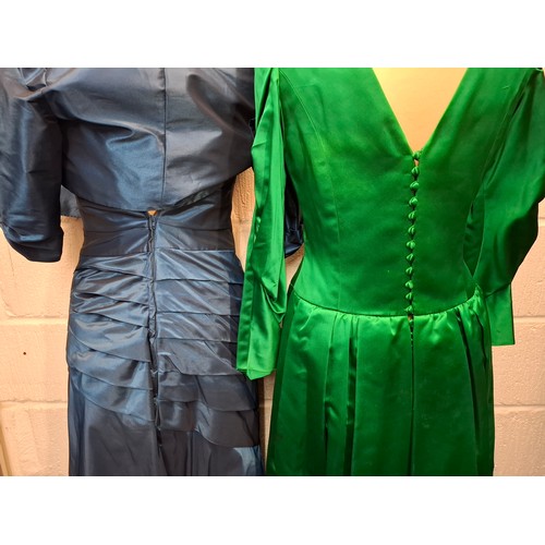 36 - Three late 20th Century evening gown comprising a Rina di Montella teal satin full length gown with ... 