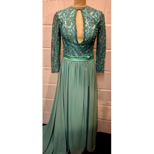 36 - Three late 20th Century evening gown comprising a Rina di Montella teal satin full length gown with ... 