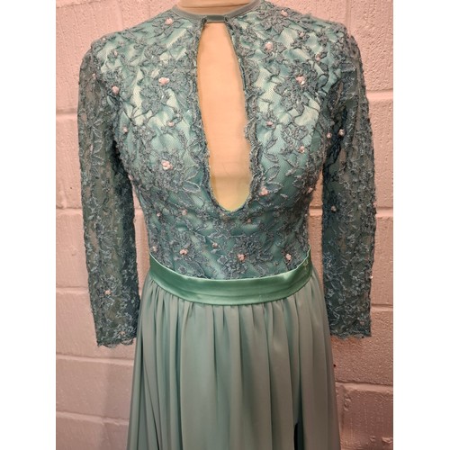 36 - Three late 20th Century evening gown comprising a Rina di Montella teal satin full length gown with ... 