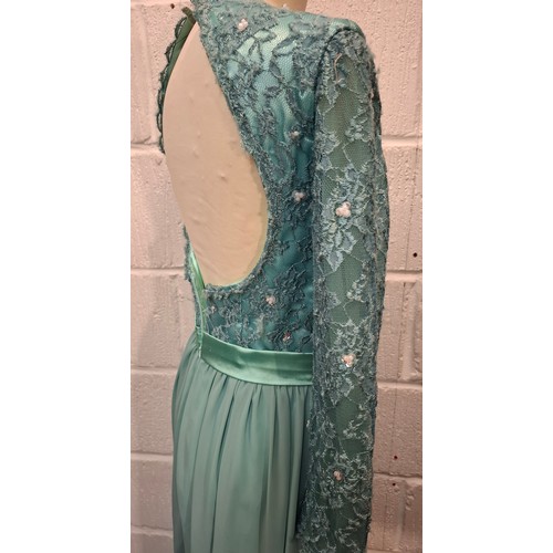 36 - Three late 20th Century evening gown comprising a Rina di Montella teal satin full length gown with ... 