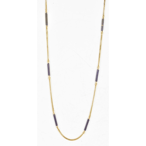 259 - A blue enamel and yellow gold curb link chain necklace, having six bars inset with blue enamel work ... 