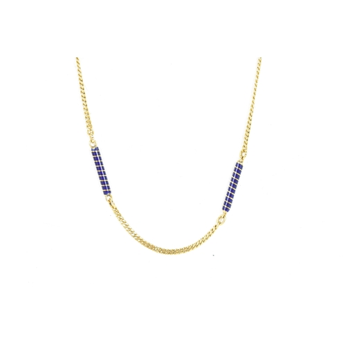 259 - A blue enamel and yellow gold curb link chain necklace, having six bars inset with blue enamel work ... 