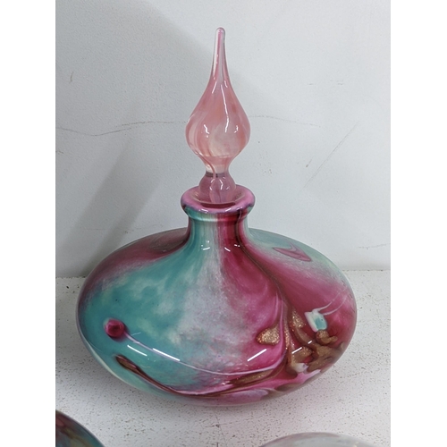 212 - Silvie Creation coloured art glass vase and lidded perfume bottle by Jean Michel Operato, along with... 