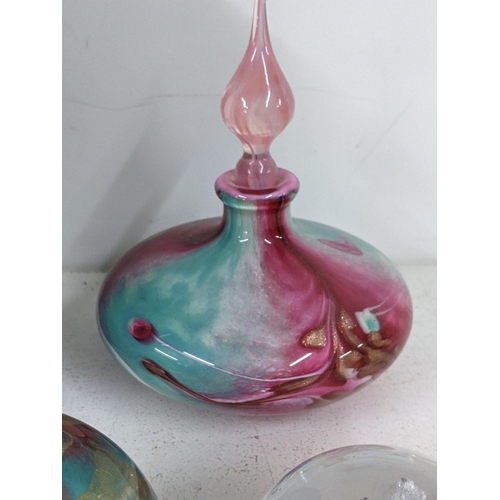 212 - Silvie Creation coloured art glass vase and lidded perfume bottle by Jean Michel Operato, along with... 