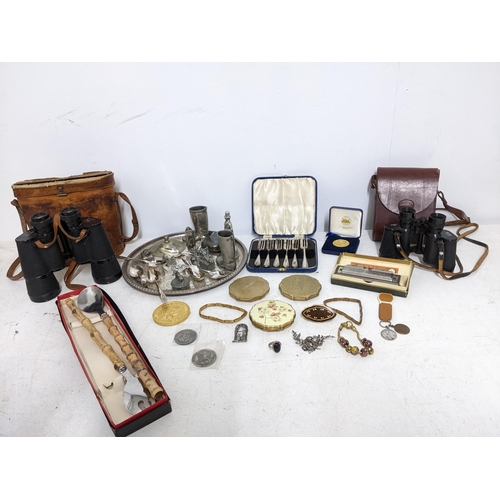 303 - A mixed lot of silver plate, costume jewellery, leather cased binoculars and other items to include ... 