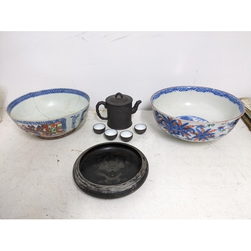 312 - A group of Chinese and Japanese ceramics to include a Chinese export famille rose punch bowl A/F, an... 