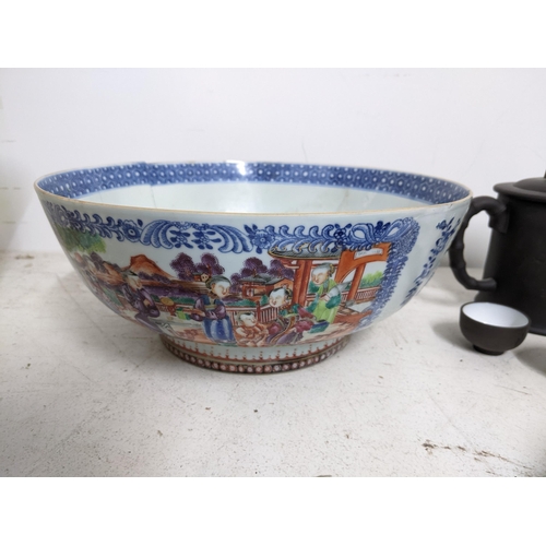 312 - A group of Chinese and Japanese ceramics to include a Chinese export famille rose punch bowl A/F, an... 