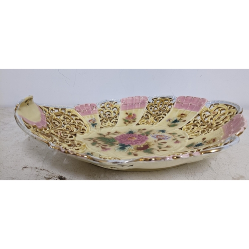 313 - Zolny Pecs Austro Hungarian shell shaped dish with floral and pierced decoration pat. no. 3868 Locat... 