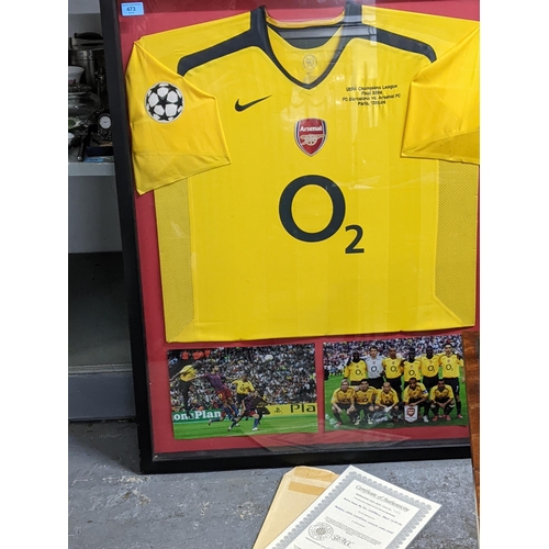 473 - A framed and glazed UEFA Champions League Final 2006 Sol Campbell of Arsenal FC shirt, with Misbourn... 