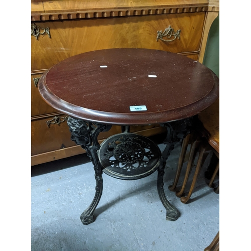 485 - Two cast iron and mahogany topped pub tables, the circular tops with moulded edge, the black painted... 