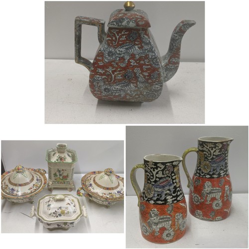 257 - Masons Ironstone to include Bandana pattern jugs circa 1840, china to include a pair of tureens on f... 