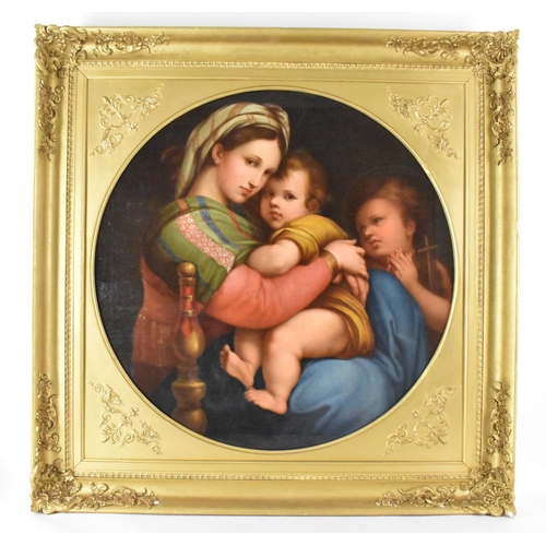 After Raphael (Italian, 1483-1520), Madonna della Seggiola, 19th century oil on canvas, unsigned, 78cm x 78cm, the moulded gilt frame decorated with shells and entwined floral scrolls 99cm x 99cm
If there is no condition report shown, please request