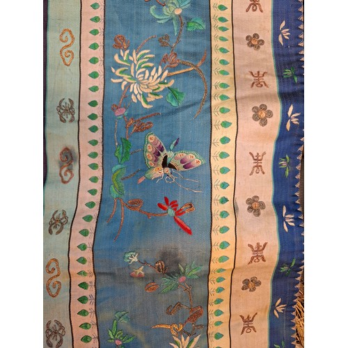 51 - Two Chinese panels to include a late 19th/early 20th Century scarf made from 2 silk panels hand embr... 