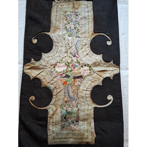 51 - Two Chinese panels to include a late 19th/early 20th Century scarf made from 2 silk panels hand embr... 