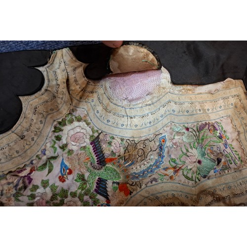 51 - Two Chinese panels to include a late 19th/early 20th Century scarf made from 2 silk panels hand embr... 