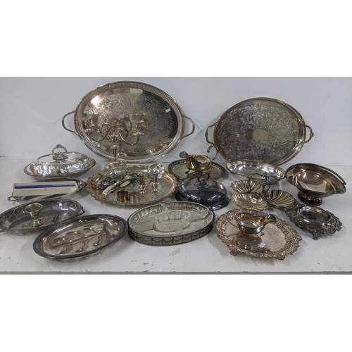 25 - A selection of silver plated and other tableware to include oval entrée dishes, a pedestal dish, twi... 