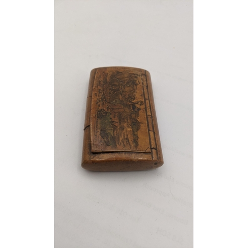 27 - A 19th century Mauchline ware type sycamore burr snuff box, decorated with a lady with basket
Locati... 