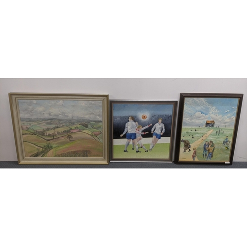 31 - Three paintings by Elizabeth Lampson to include an oil on board titled 'Footballers' 50.5cm x 50.5cm... 