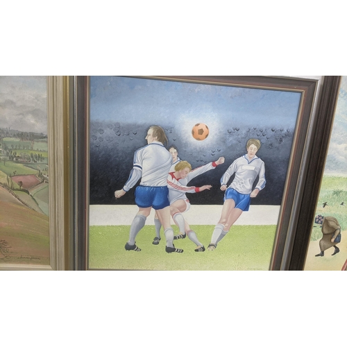 31 - Three paintings by Elizabeth Lampson to include an oil on board titled 'Footballers' 50.5cm x 50.5cm... 