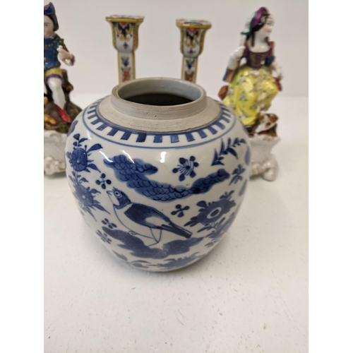 51 - Ceramics to include a 19th century Chinese blue and white ginger jar, a pair of faience candlesticks... 