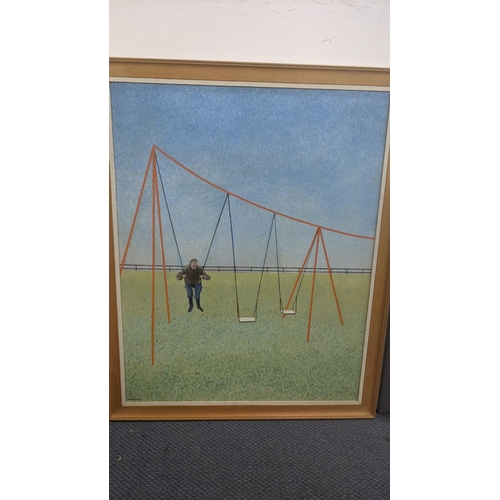 6 - Three oils on board by Elizabeth Lampson to include examples titled 'Man on a Swing' 84.5cm x 69cm f... 