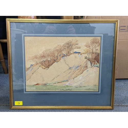 75 - A watercolour landscape depicting woodland on a hillside, signature to lower right, Mary McNichol Wr... 