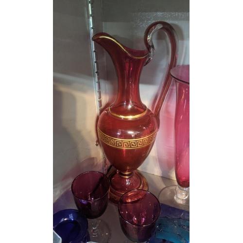 8 - A selection of 19th century and later glassware to include a Victorian cranberry ware having gold ba... 