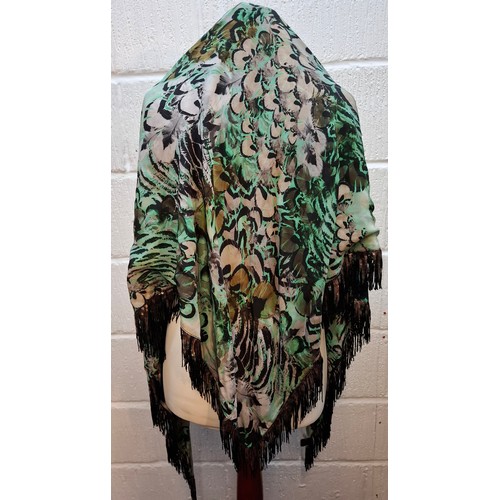 6 - Mulberry-A triangular silk wrap in a green, grey and black feather design with sequin tassels, made ... 