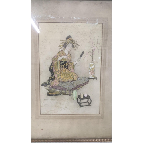 600 - After Warwick Goble - an illustrated print depicting a Japanese lady, framed and glazed, together wi... 