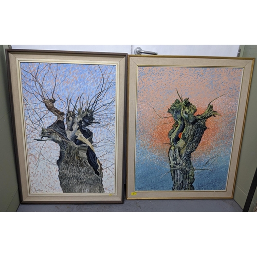 334 - Two paintings 'Burnt Out' oil on board depicting a burnt out tree and the other titled 'Caught' depi... 